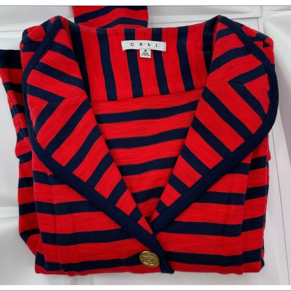 Cabi Women Sz S Red Navy Nautical Striped Knit Blazer Jacket Gold Anchor Buttons - Picture 10 of 10